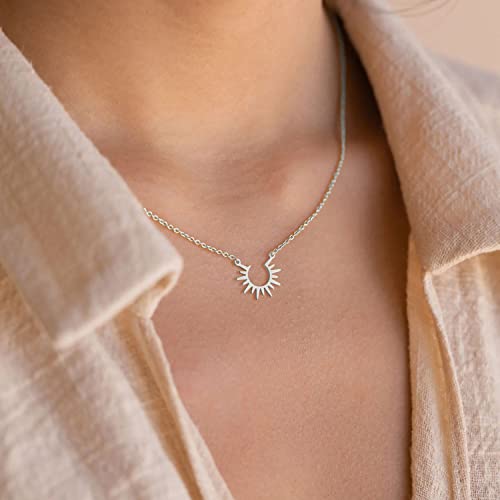Bsgrl Dainty Necklace For Women, 14K White Gold Plated Sun Pendent Collarbone Necklace 16.5”+2” Ext #TOP2