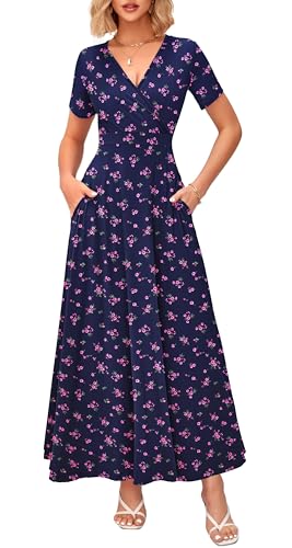 Image of WNEEDU Women's Summer Maxi Dress Short Sleeves Wrap V Neck Long Dresses with Pockets