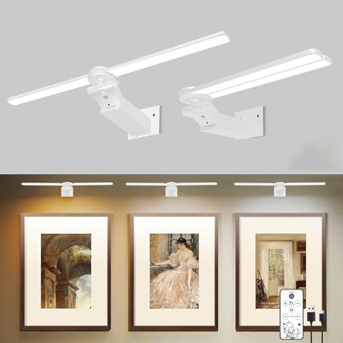 Image of 2 Pack Picture Light for Wall, 18in Rechargeable Wall Art Light with Timer and Dimmable, Painting Frame Light with Remote Control Display for Painting, Frame, Portrait, Dartboard(White)