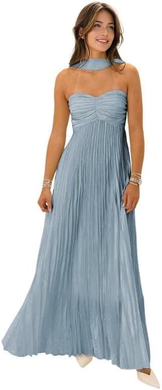 Womens Chiffon Bridesmaid Dresses with Scarf Long Strapless Prom Dresses 2025 Pleated Wedding Guest Dress B21