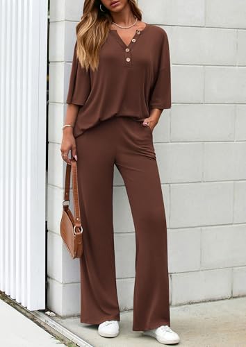 PRETTYGARDEN 2 Piece Lounge Sets for Women Summer 2025 Short Sleeve Tops Wide Leg Pants Matching Travel Outfits Clothing4