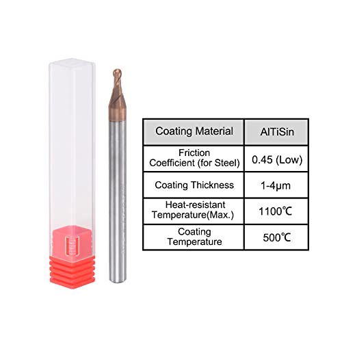 Image of uxcell Ball Nose End Mill 1mm Tip Radius Solid Carbide AlTiSin Coated CNC Router Bits 2 Flute Spiral Milling Cutter HRC55 with 4mm Shank 50mm (2-inch) Length