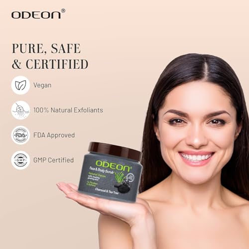ODEON Charcoal & Tea Tree Oil Body Scrub (300ml) | Face Scrub for Oily Skin | Body Scrub to Fight Body Odour & Bacteria | Gentle Exfoliating Scrub | Face Scrub for Natural Detox, Soft & Glowing Skin