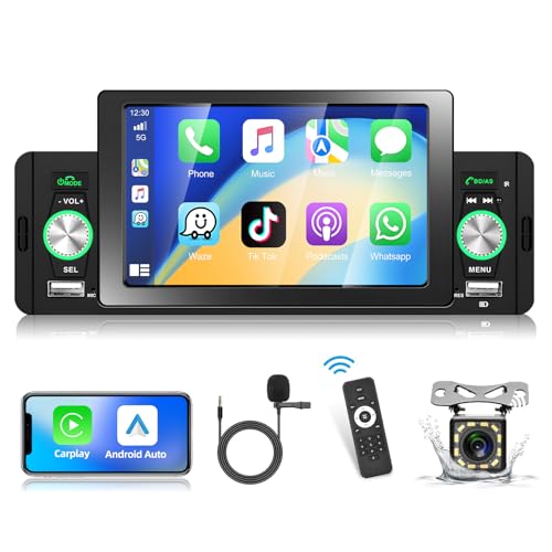 Autorradio Podofo 1 DIN con Android Auto y A-pple Carplay, Pantalla Táctil HD de 5'', Bluetooth 5.1, FM, AUX, Puerto USB, Carga Rápida, Cámara de Visión Trasera y Micrófono