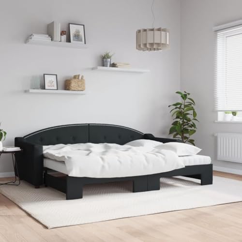 Yunovire Cama de día extensible con colchones, tela negra, 80 x 200 cm, sofá cama moderno con marco de madera y metal robusto, solución versátil para cama de invitados para salón y dormitorio