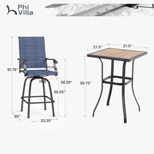 Image of PHI VILLA 3Pcs Outdoor Swivel Bar Stools Set, Bar Height Patio Table and Chairs with All Weather Textilene Fabric, Pub Bar Bistro Tall Furniture Set for Outdoor, Blue
