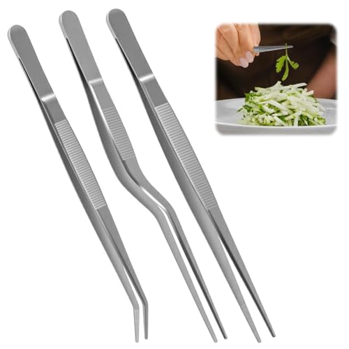 Image of 3 Pcs Tweezers for Kitchen, Premium Stainless Steel Precision Cooking Tweezers, Food Plating, Garnishing, Removing Fish Bones, DIY Craft, Plant Care