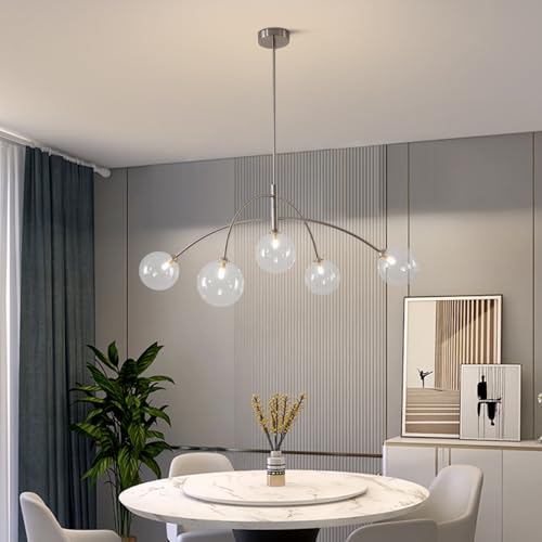 Image of Mid Century Modern Sputnik Chandelier Adjustable 5 Light Clear Glass Silver Ceiling Chandelier for Dining Room Kitchen Bedroom