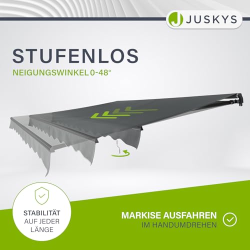 Juskys® Gelenkarmmarkise 350 x 300 cm, UV40+ & wasserabweisend, mit Kurbel & Wandhalterung Länge + Winkel einstellbar, Markise für Terrasse & Balkon, Sonnenschutz Balkonmarkise Gelenkmarkise, Grau