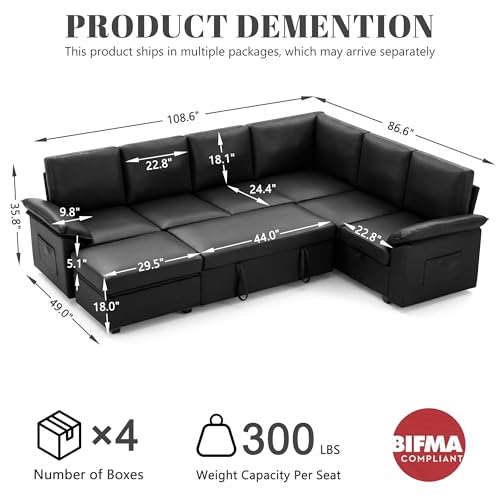 Image of 108 Inch Faux Leather Modular Sectional Sofa with Pull Out Bed,U Shaped 7 Seat Sectional Sleeper Sofa with Storage,Sectional Couches for Living Room,Cloud Modular Couch,Black Leather