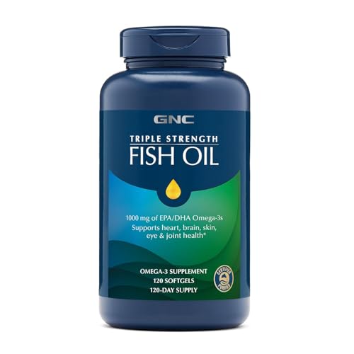 GNC Triple Strength Fish Oil Omega 3 Supplement, 1000mg EPA and DHA, Supports Heart, Brain, Skin, Eye and Joint Health, Burpless, Ultra Concentrated, High Potency, Wild Caught, 120 Softgels