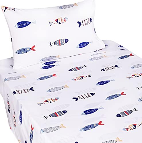 J-pinno Cute Fish Cozy Twin 100% Cotton 3 Pieces Sheet Set Bedroom Decoration Gift Flat Sheet + Fitted Sheet + Pillowcase Bedding Set for Unisex Boys Girls