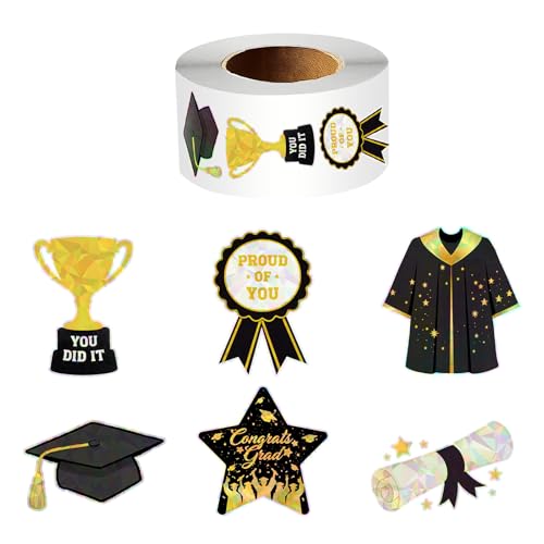 Xzentira 500 Pcs Graduation Glitter Stickers Roll Holographic Graduation Stickers 2026 Graduation Envelope Seals Graduation Vinyl Stickers for Envelopes Gifts Cards Party Decorations
