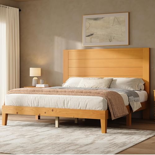 Image of AMERLIFE Queen Size Bed Frame with 48 inch Tall Headboard, Mid Century Modern Solid Wood Platform Bed with Silent Wood Slat System, No Box Spring Needed, Under-Bed Storage, Natural