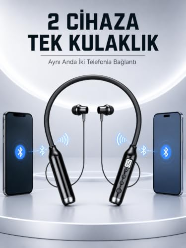 Bluetooth Kulaklık, Boyun Bantlı Dijital Ekranlı Mikrofonlu Çift Telefon Bağlantılı Kablosuz Müzik ve Görüşme Kulaklığı