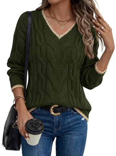 Sweaters for Women Oversized Color Block Long Sleeve Vneck 2025 2026 Early Fall Fahion Sweater Tops Loose Fit Cute Outfits Chunky Cable Knit Sweater Pullover Winter Trendy Clothes Army Green 2XL