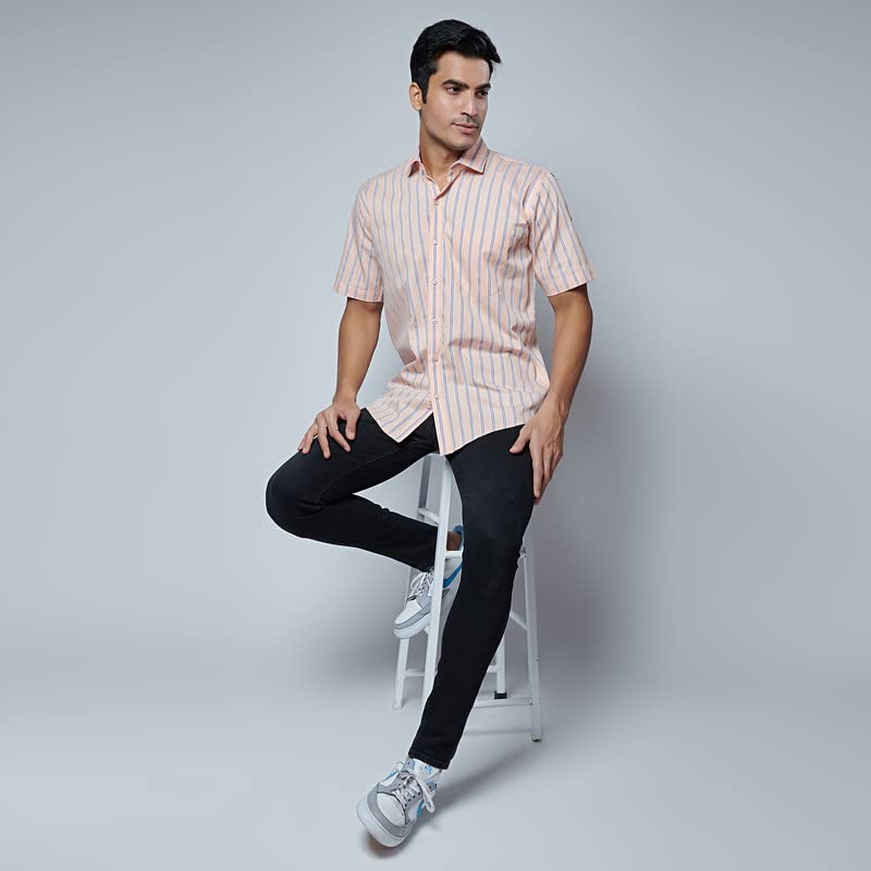 Image of MARK & ALBERT Men's Striped Half Sleeves Regular Fit Shirt | Stretchable Fabric