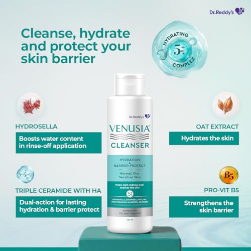 Image of Venusia Hydrating & Barrier Protect Cleanser | With Ceramides, Hyaluronic Acid, Niacinamide, Pro-Vitamin B5 | For Normal, Dry, and Sensitive Skin | PAMAS free | Skin-friendly Ph | 125 ml | From the House of No.1 Dermatologist Recommended Moisturiser
