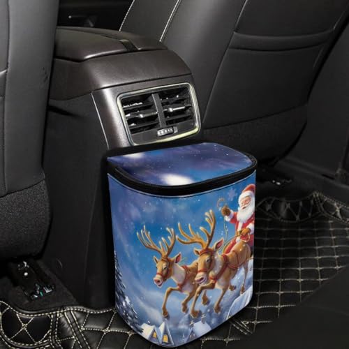 Image of Christmas Santa Claus Car Trash Can with Lid Proof Organizer and Storage Bag Car Garbage Can with Adjustable Straps for Cars Truck,SUV