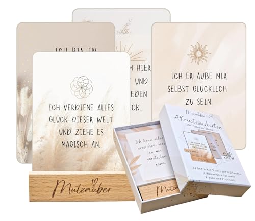 Mutzauber® 24 Affirmationskarten inkl. Box + Holzständer 10x12cm...