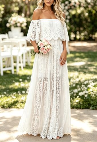 Image of HOYISHION Women's Off The Shoulder Floral Lace Maxi Dress White Bridesmaid Wedding Party Maternity Photoshoot Long Dresses