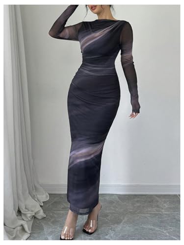 Milumia Women's Tie Dye Boat Neck Long Sleeve Fall Dress Ruched Bodycon Maxi Dresses Cocktail Party3