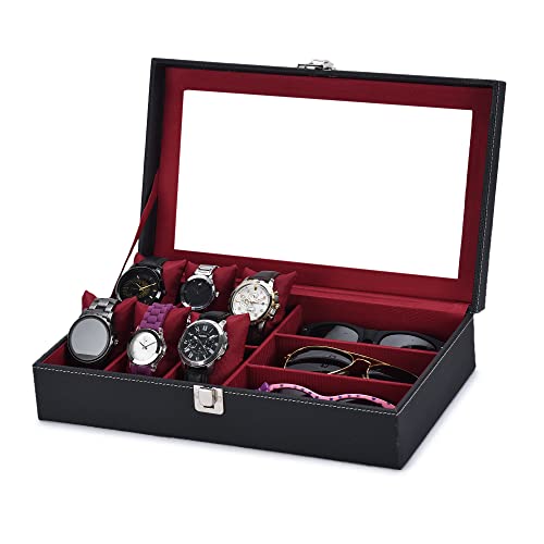 STORESHINE Unisex 6 Slots Watch Box Organizer & 3 Slot for sunglasses PU Leather Wrist Watches Acrylic Display Case Storage Box in Black and Maroon Color (B0BYJ578C6) Amazon Price History, Amazon Price Tracker