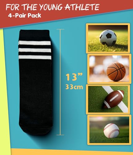 Winterlace Youth Kids Soccer Socks | 4 Pairs | Boys Girls 3-6 Years Toddler | Athletic Sport Knee High Tube Sock4