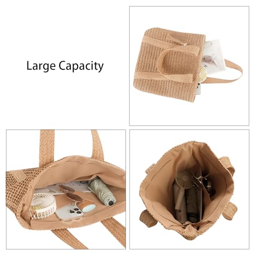 Bolso tote grande tejido de paja para mujer con sombrero miniatura 5