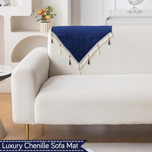 Image of HOKIPO 'Serenity Tassel' Chenille Sofa Back Cover with Tassels - 1 Pc Sapphire Navy (IN-894-NBL)