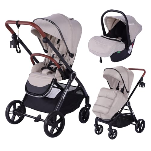 Barmøya 3-in-1 Kombi-Kinderwagen Komplettset mit Babywanne, Buggy & Babyschale – höhenverstellbar, faltbar, schwenkbare Räder, Federung & umfangreichem Zubehör (Beige)