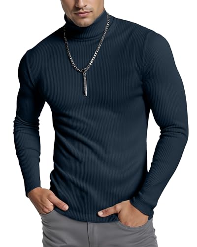 NY Threads Men's Ribbed Turtleneck Slim Fit Pullover Casual Long Sleeves Basic Top, Large, Navy