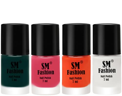 Image of Nail Polish Combo Set (Pack of 4) Quick Dry Gel Finish Nail Paint | Dark Green,Dark Rose Pink,Reddish Orange ,White | 7 ml Each