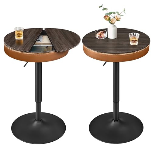 VASAGLE EKHO Collection - Height Adjustable Bar Table Set of 2, Round High Pub Tables with Storage, Synthetic Leather with Stitching, Mid-Century Modern, Kitchen Home Bar, Ash Brown and Cara