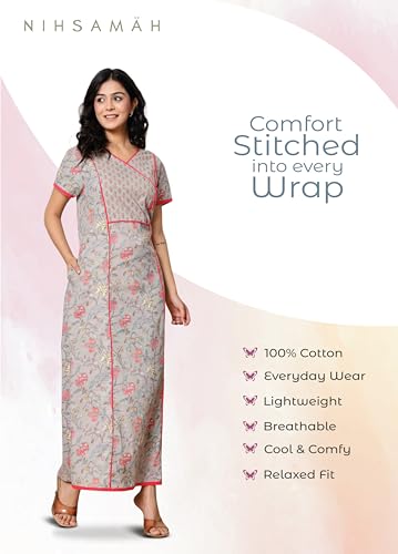 Image of NIHSAMAH Cotton Night Gown for Women - Angrakha Style Nighty, Comfortable Sleepwear /Nightwear /Maxi