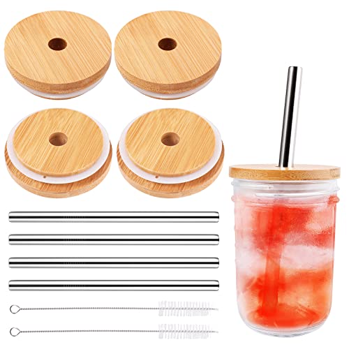 Image of TRUSBER 4 Pack Reusable Bamboo Wide Mouth Drinking Lids with Straw Hole and Straw for Mason Jar (JAR NOT INCLUDED)