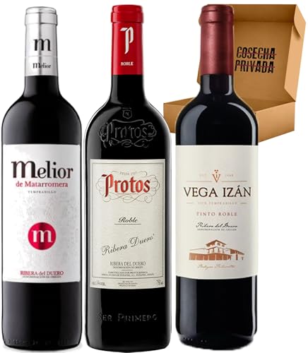 Lote 1.07 Vino Tinto Robles - Ribera del Duero - 3 Botellas - Estuche Regalo Navidad - Melior de Matarromera, Protos Roble, y Vega Izán Roble. Añadas pueden variar según bodega - Pack 3 Bot - 1.07