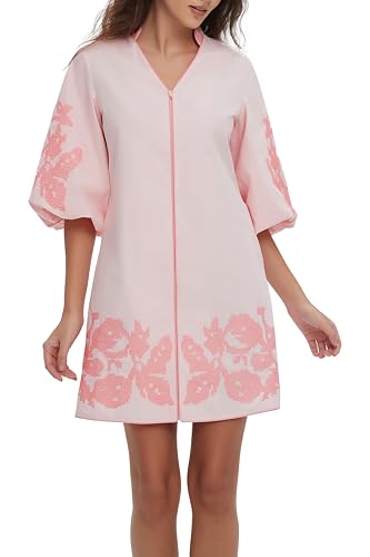 Image of D-Sun Women Floral Embroidery Mini Dress 3 /4 Puff Sleeves V Neck Tunic Mini Dress Zip Party Dresses