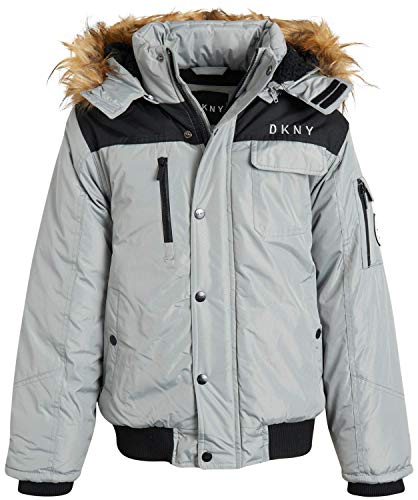 DKNY Boy's Outerwear - Winter Fleece Lined Parka Bomber Jacket with Removable Fur-Lined Sherpa Hood, Grey, Size Medium