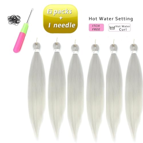 Pre Stretched Braiding Hair Silver Braiding Hair Extensions For Braids 26 Inch 6 Packs Yaki Textured Crochet Synthetic Hot Water Setting Crochet Extensions (26 Inch - Image 2