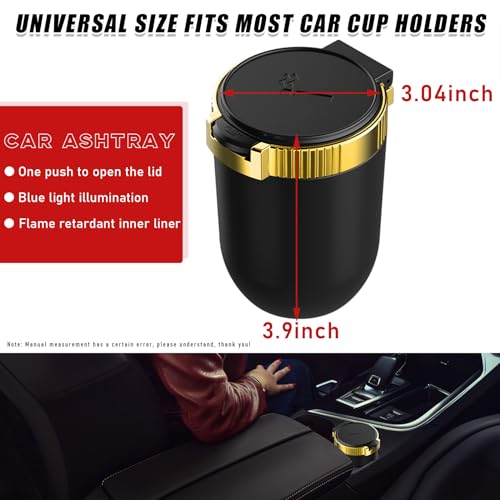 Image of Dickno Car Ashtray with Lid, Detachable Stainless Smokeless Auto Ashtray, Portable Mini Vehicle Trash Can with LED Blue Light, Universal Interior Accessories for Cup Holder (Golden)