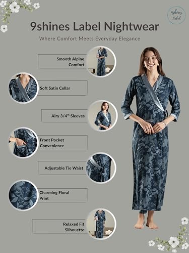 Image of 9shines Label Stylish Cotton Nighty Robe for Women | Front Open Floral Housecoat | Wrap Nighty with Pocket | Adjustable Waist Tie | Plus Size housecoat (HC-2026)