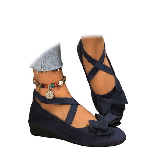 ZPLMIDE - Chaussures à talon compensé avec bride élastique à lacets croisés pour femmes, ballerines à bout rond confortables avec bride élastique à la...