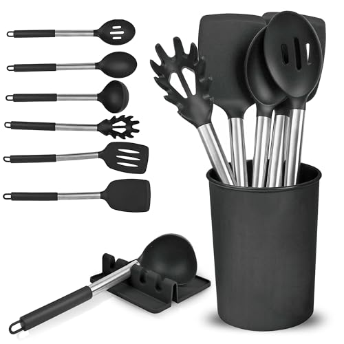 Ustensiles de cuisine avec support et tapis d'égouttement | Lot de 8 ustensiles de cuisine en silicone | Spatule, cuillère, cuillère à spaghetti, louche | Gadgets et outils de cuisine anti-adhésifs