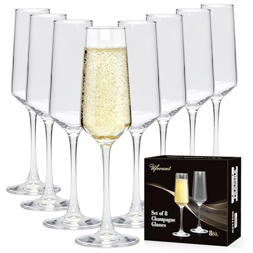 Ufrount Champagne Glasses Set of 8,Elegant 8oz Champagne Flutes,Clear Sparkling Champagne Flutes Glass Mimosa Glass for Prosecco,Restaurant,Wedding,Party,Anniversary