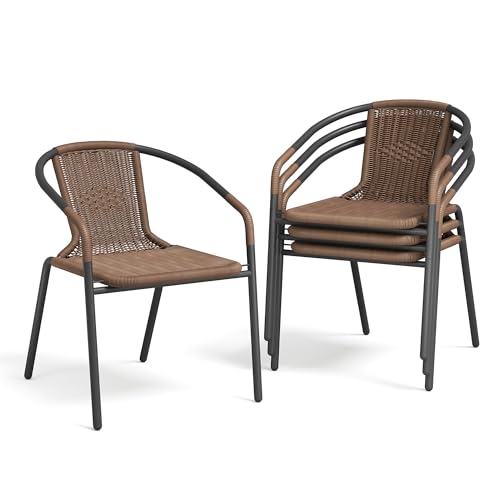 Image of UDPATIO Rattan Patio Dining Chairs Set of 4, Wicker Stackable Outdoor Chairs with All Weather Curved Back & Metal Frame, for Indoor Restaurant Porch Deck, Brown