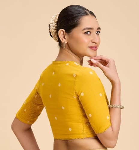 Image of Studio Shringaar Women's Mustard Yellow Handloom Cotton Stretchable (Smocked) Readymade Saree Blouse