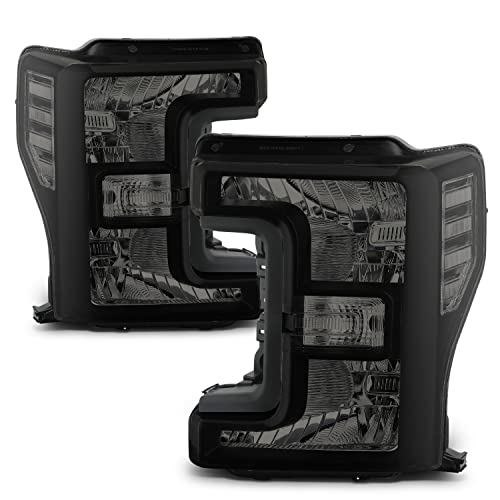 M-AUTO Set of 2 Headlights Replacement for 2017 2018 2019 Ford F-250 F-350 F-450 F-550 Super Duty Pickup, Black Housing Smoke Lens Clear Corner L+R Pair Head Light Lamp Assembly