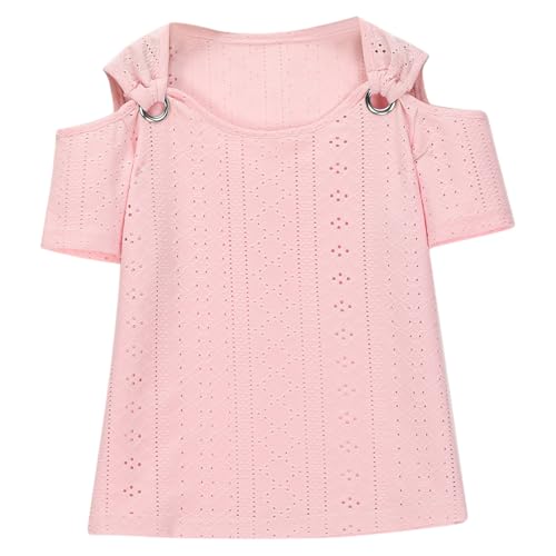 2025 Girls Shirts Soft Crewneck Off The Shoulder Eyelet Blouses Short Sleeve Basic Comfy Trendy Solid Color Tunics