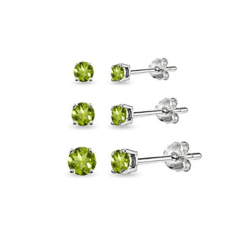 3-Pair Set Sterling Silver Peridot Round Stud Earrings, 3mm 4mm 5mm